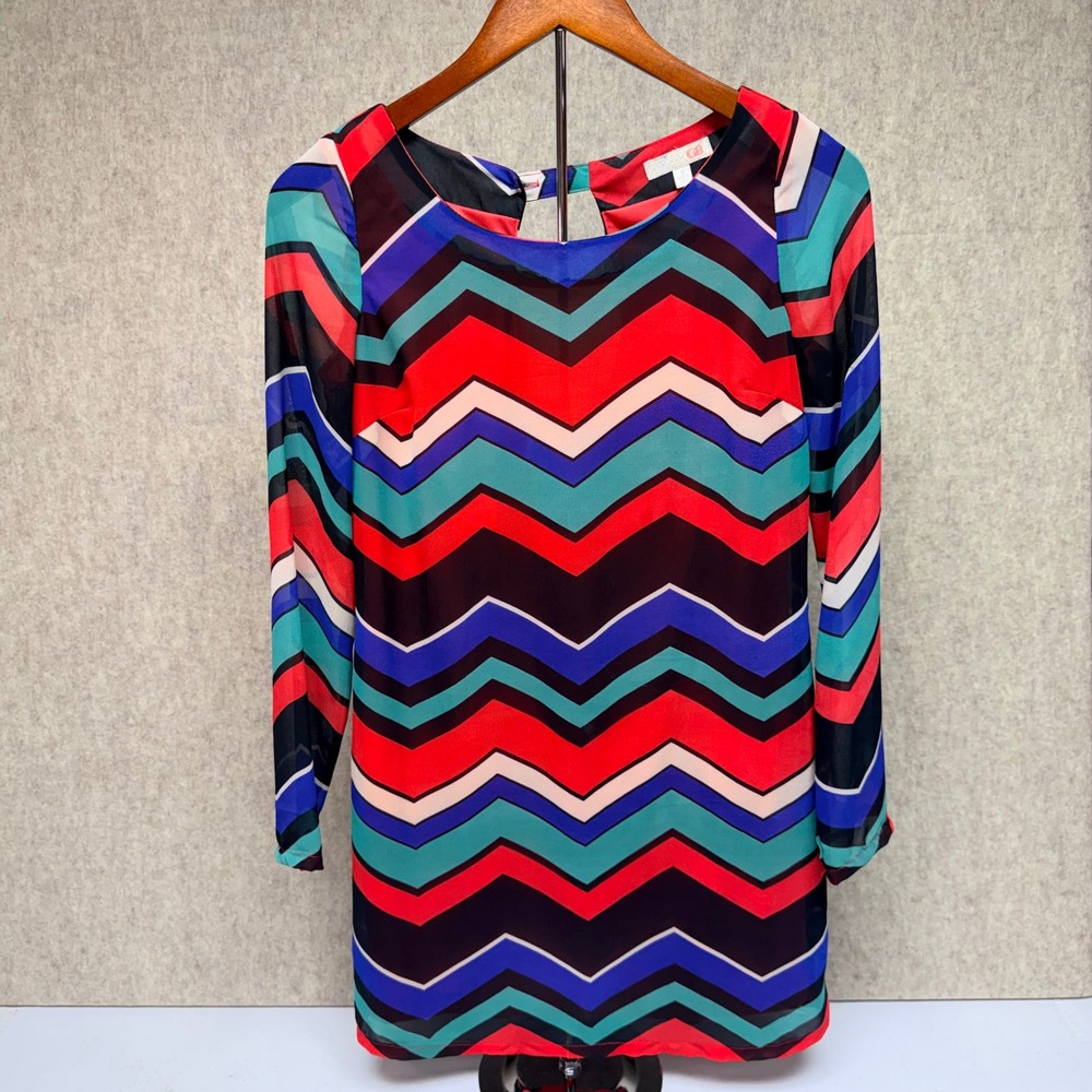 GB Gianni Bini Chevron Mini Dress Size 3 Multiocolor ZigZag Sheer Long Sleeve